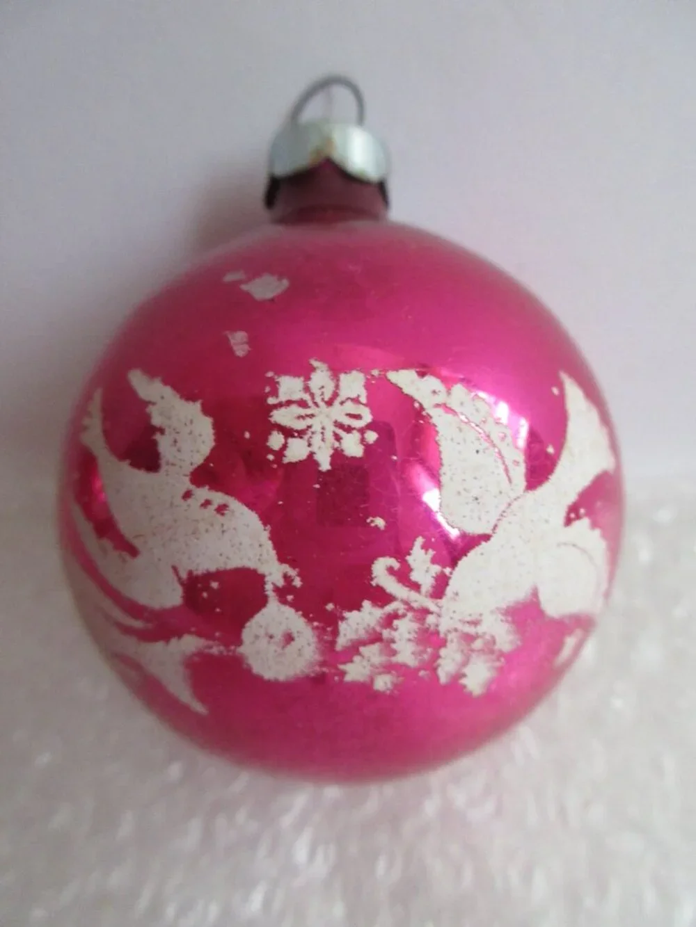 Dove Stencil Glass Christmas Ornament Lot of 2 Pink Fuschia Vtg Franke Corning?